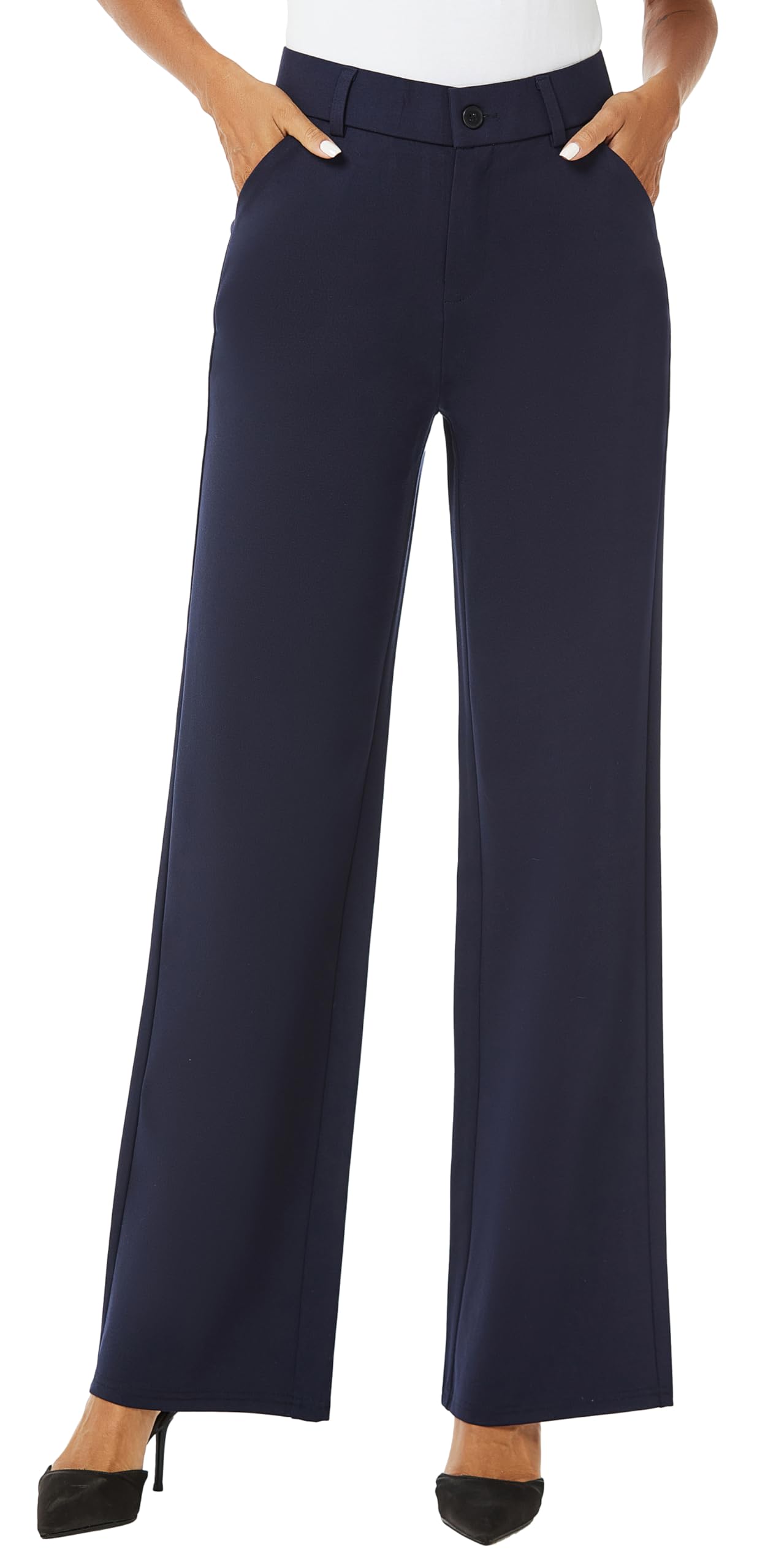 iChosy Womens High Waist Wide Straight Leg Trousers Casual Slacks Dress Pants with Pockets Navy 12 ExtraTall
