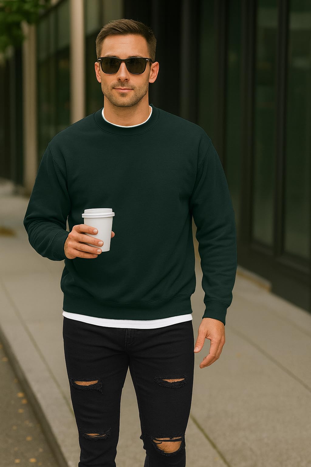 JustBlanks Fleece Sweatshirt for Men Tall Men’s Sweatshirt Crewneck Sweatshirt Relaxed-Fit Pullover Sweatshirt - Dark Green - 3XLT