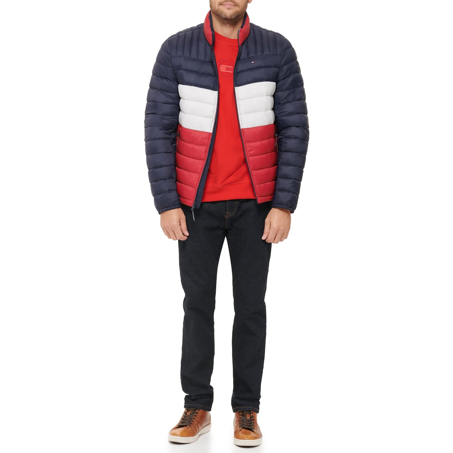 Tommy Hilfiger Men's Ultra Loft Lightweight Packable Puffer Jacket (Standard and Big & Tall), Midnight/White/Red w/Patch, 3X-Tall
