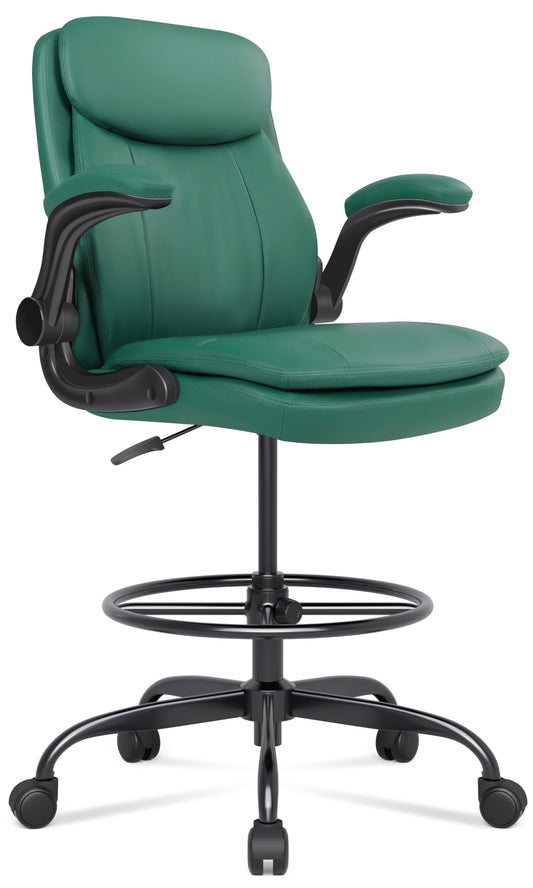 Misolant Drafting Chair, Tall Office Chair for Standing Desk, High Leather Executive Office Chair with Adjustable Height and Flip-up Armrest for Counter Height Desk Green
