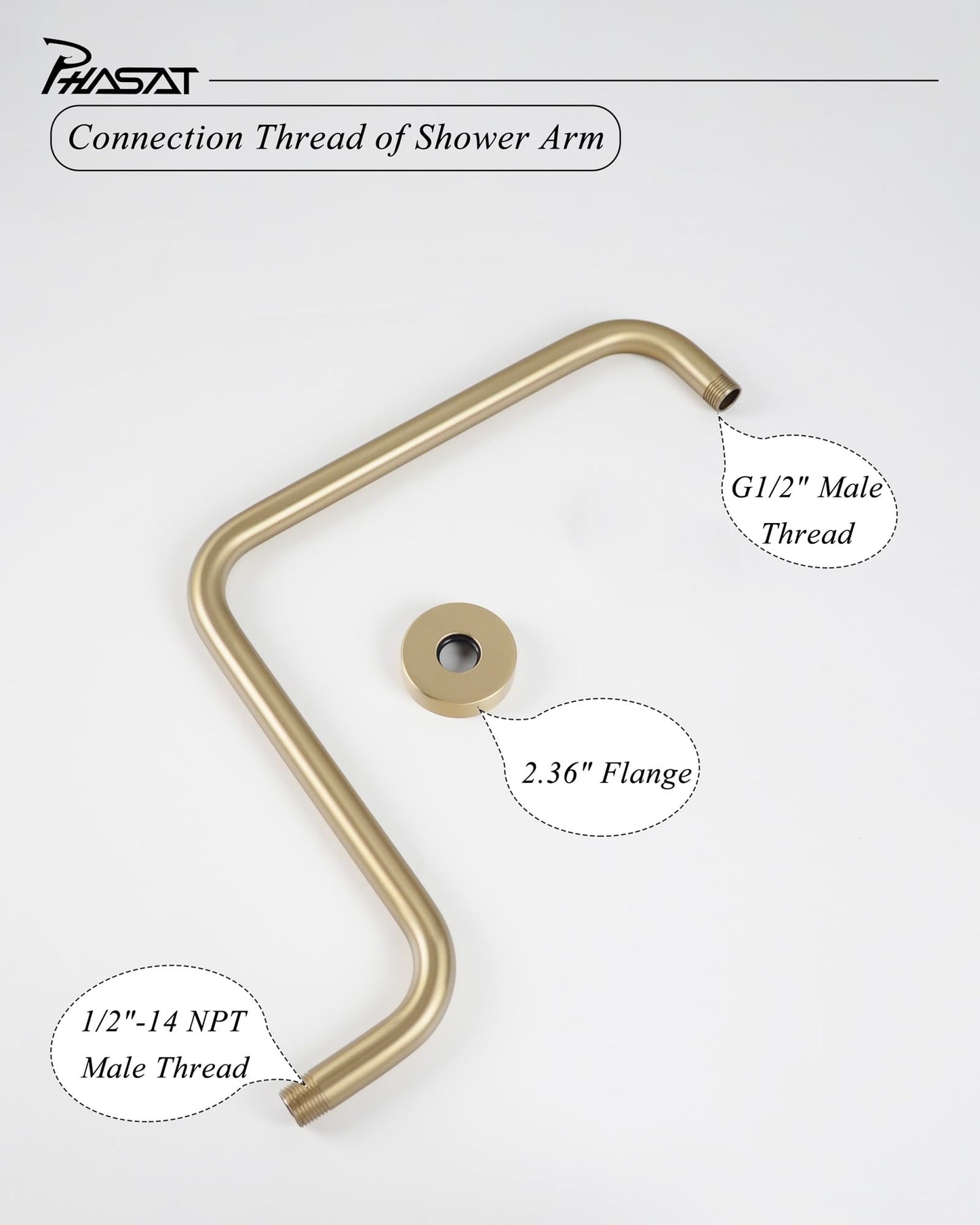 PHASAT S Shaped Shower Arm, High Rise Shower Arm with Flange, Brushed Gold