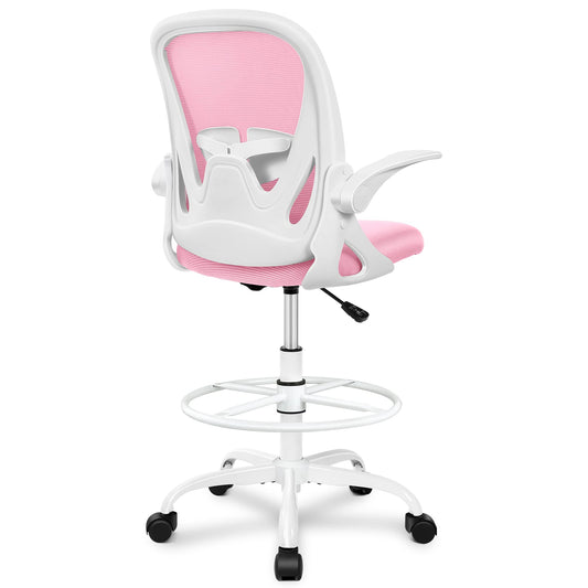 Primy Drafting Chair Tall Office Chair with Flip-up Armrests Executive Ergonomic Computer Standing Desk Chair with Lumbar Support and Adjustable Footrest Ring (Pink)