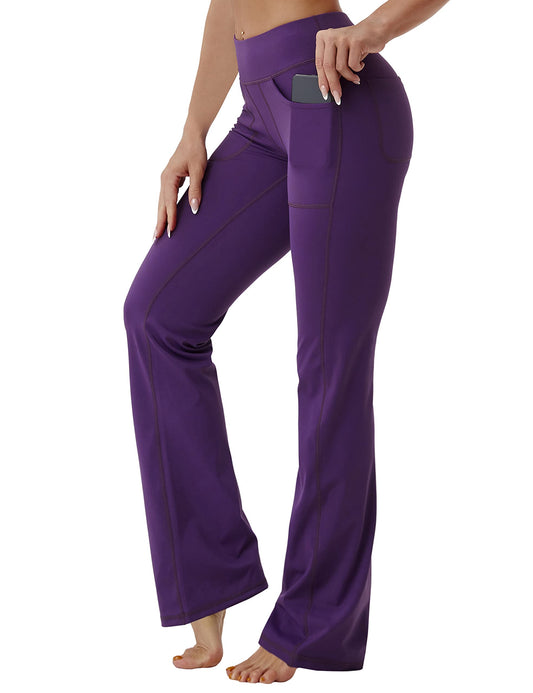 BUBBLELIME 29"/31"/33"/35" 4 Styles Women's High Waist Bootcut Yoga Pants - Out Pockets_EGGPLANTPURPLE L-35 Inseam(1)