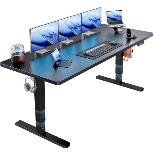 HUANUO 71x30 Inch 3-Stage Legs Electric Standing Desk, Large Height Adjustable Office Desk with Brushless Motor, Stand Up Desk with 4 Memory Presets & 2 Hooks, Computer Desk for Home Office, Black - 49.2" Max Height
