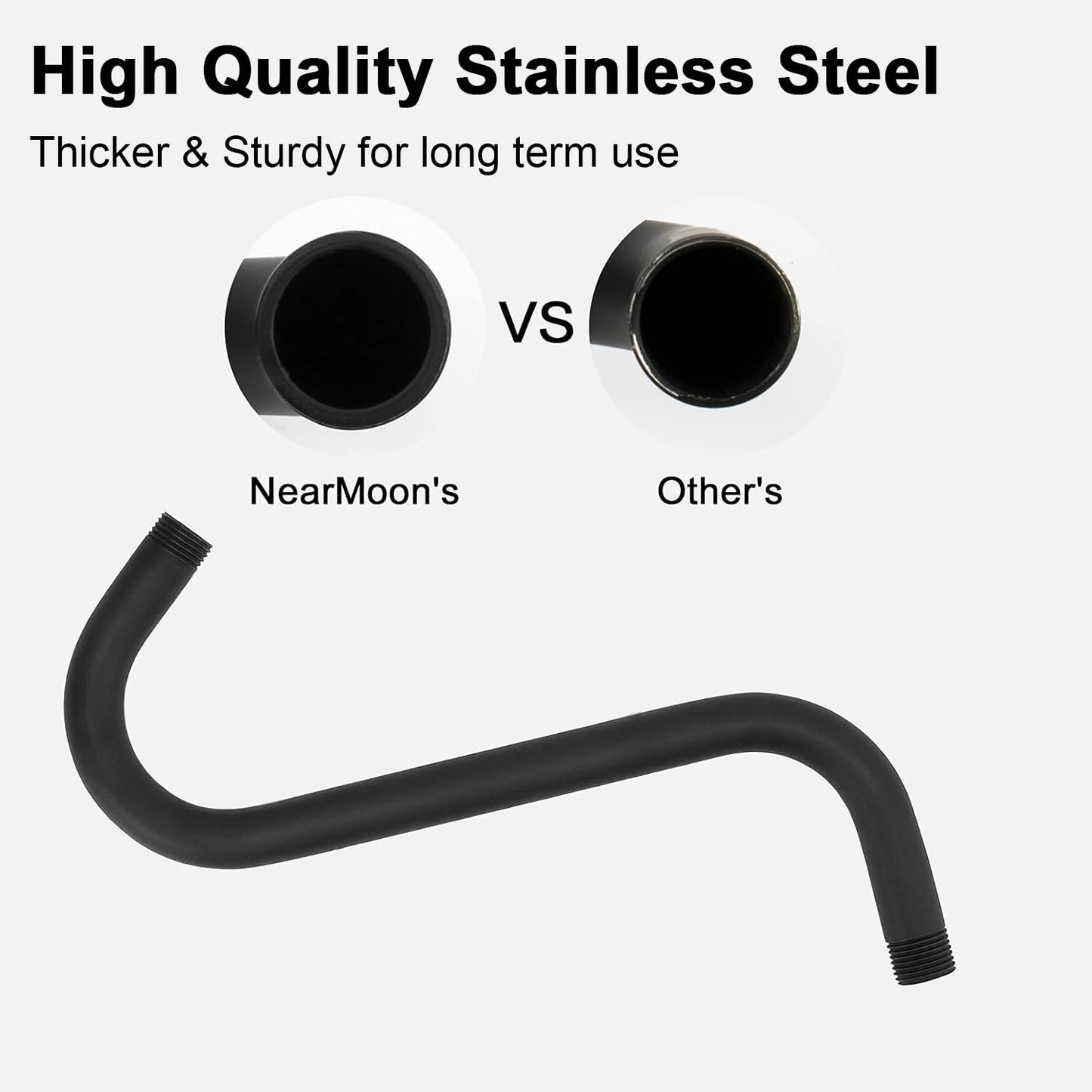 NearMoon S Shaped Shower Head Riser Pipe, Shower Extender Arm with Flange, Standard 1/2" Connection- Bathroom Accessory, 10 Inch (1 Pack, Matte Black)