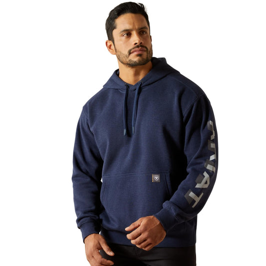 Ariat Rebar Lightweight Logo Hoodie, Navy Heather/Alloy, Large Tall