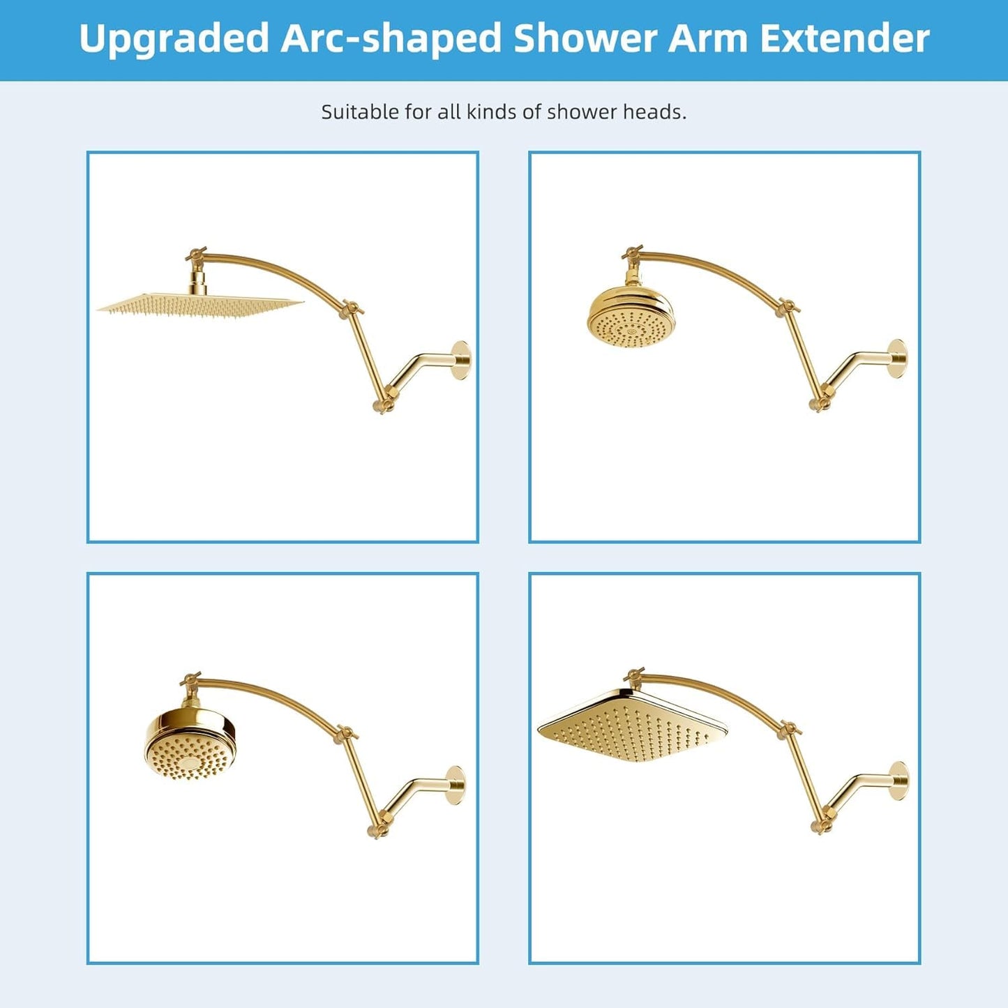 Hibbent Shower Head Extension Arm,16" Solid Brass Adjustable Extender with Lock Joint, Standard 1/2", Rise or Lower Rainfall and Fixed Shower Head, Height/Angle Adjustable Extension Arm, Brushed Brass