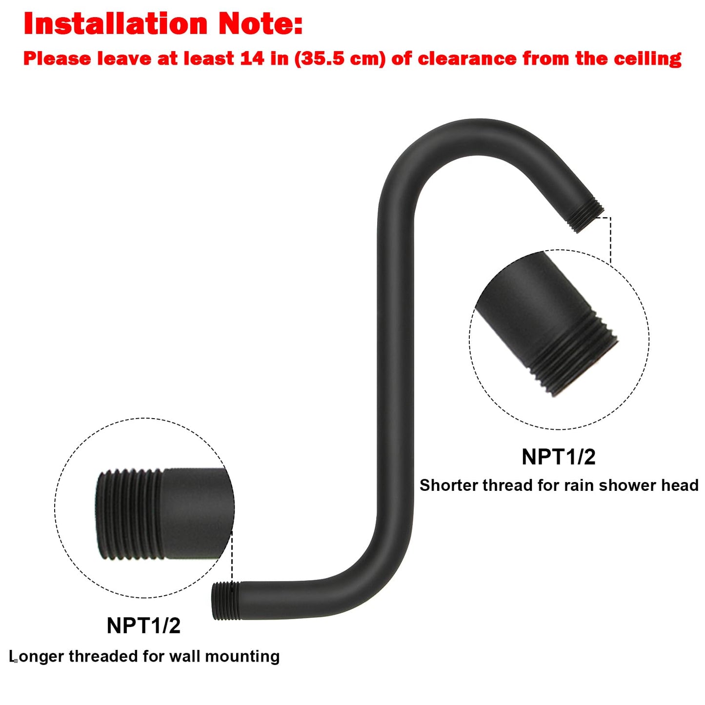 NearMoon S Shaped Shower Head Riser Pipe, Shower Extender Arm with Flange, Standard 1/2" Connection- Bathroom Accessory, 10 Inch (1 Pack, Matte Black)