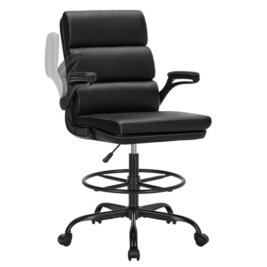 Drafting Chair Tall Office Chair with Padded Flip-up Armrests Executive Ergonomic Computer Standing Desk Chair with Comfortable Leather Backrest and Adjustable Footrest Ring (Black)