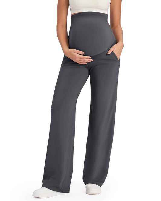 G4Free Women's Maternity Pants Casual Loose Wide Leg Cozy Pant Pregnancy Clothes Yoga Dress Work Trousers with Pockets (Dark Gray,XXL,32")
