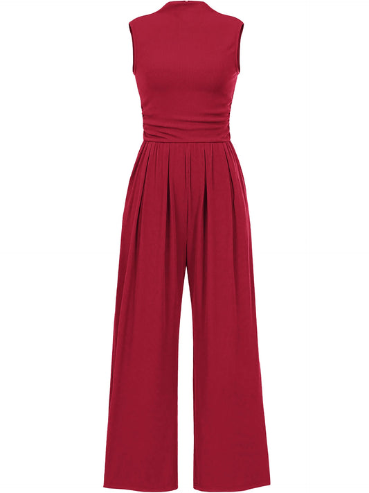 Tapata Women's Jumpsuits Dressy Casual One Piece Outfits Sleeveless Rompers Wide Leg Pants with Pockets, Tall, Burgundy, Small