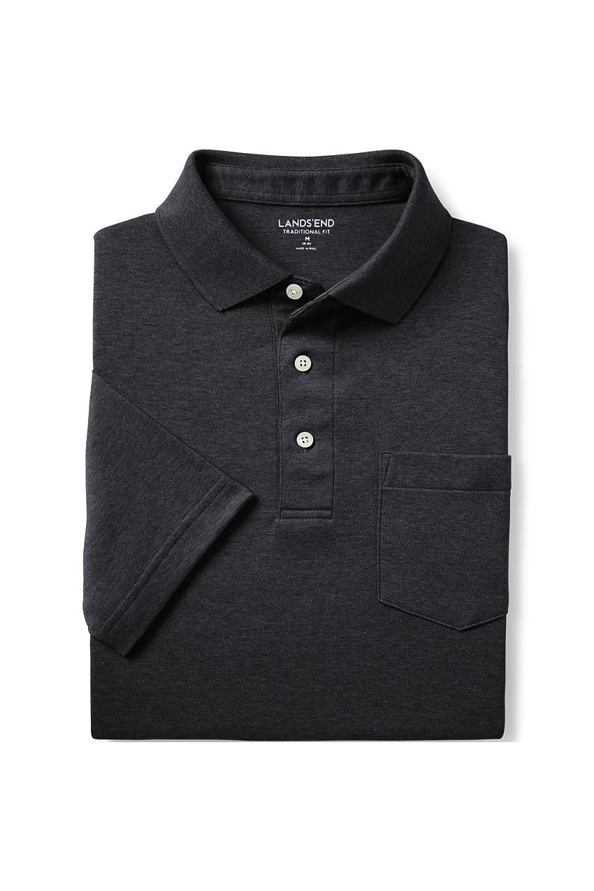 Lands' End Mens Short Sleeve Pocket Supima Polo Dark Charcoal Heather Tall Medium
