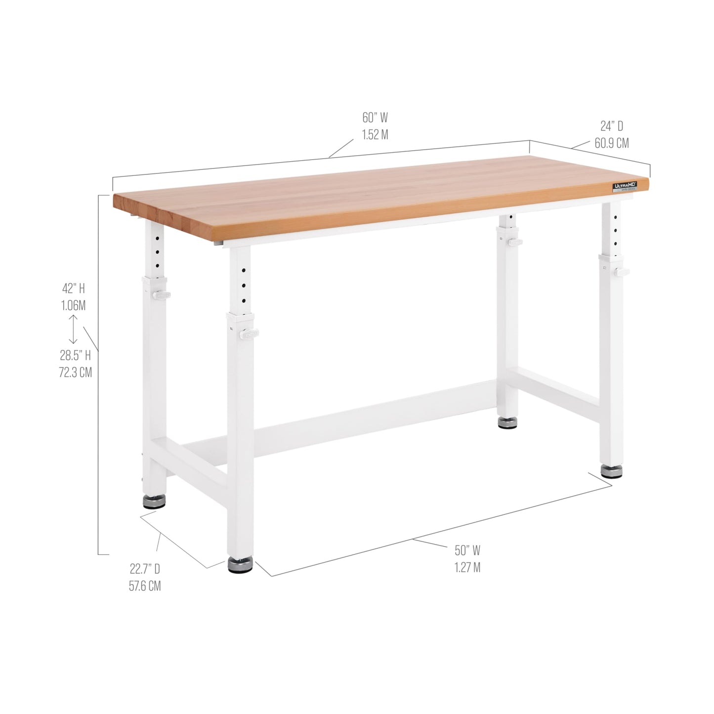 Seville Classics UltraHD Heavy Duty Workbench Table w/Solid Wood Top, 1000 lbs. Weight Capacity Workstation for Garage, Warehouse, Workshop, Granite, 60" W x 24" D x 28.5" to 42" H Desktop