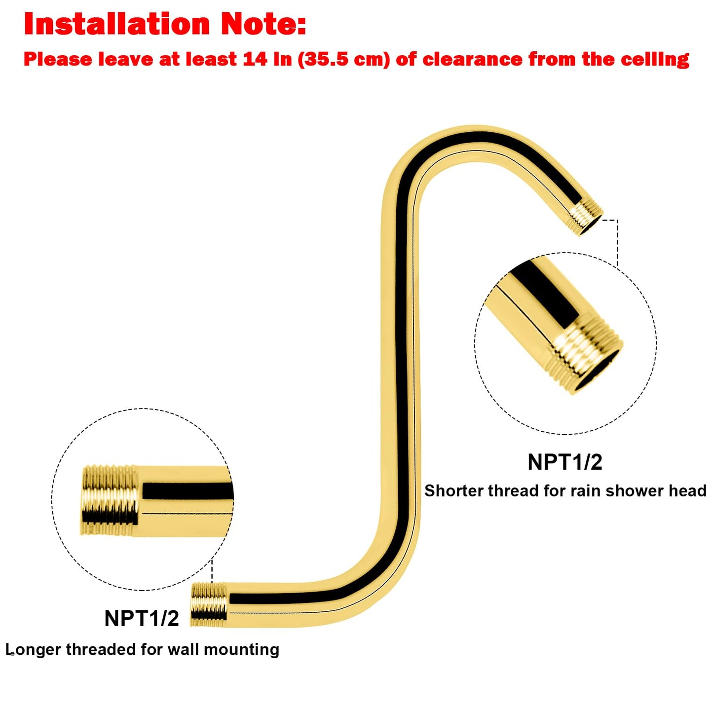 NearMoon S Shaped Shower Head Riser Pipe, Shower Extender Arm with Flange, Standard 1/2" Connection- Bathroom Accessory, 10 Inch (1 Pack,Chrome Gold)