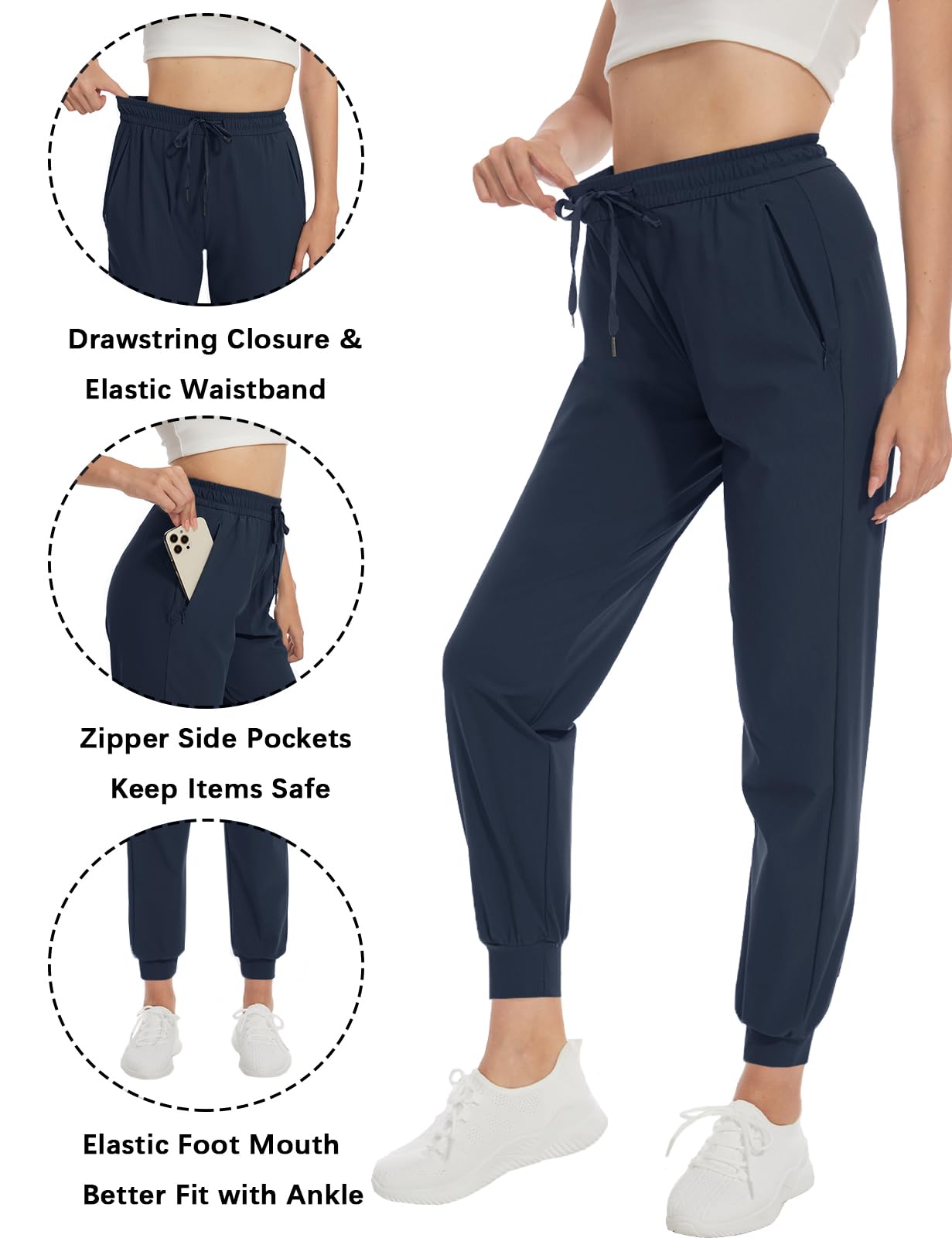 SEVEGO Women's 34" Tall Inseam Joggers Lightweight Sweatpants Zipper Pockets Athletic Workout Lounge Pants Navy Blue, L