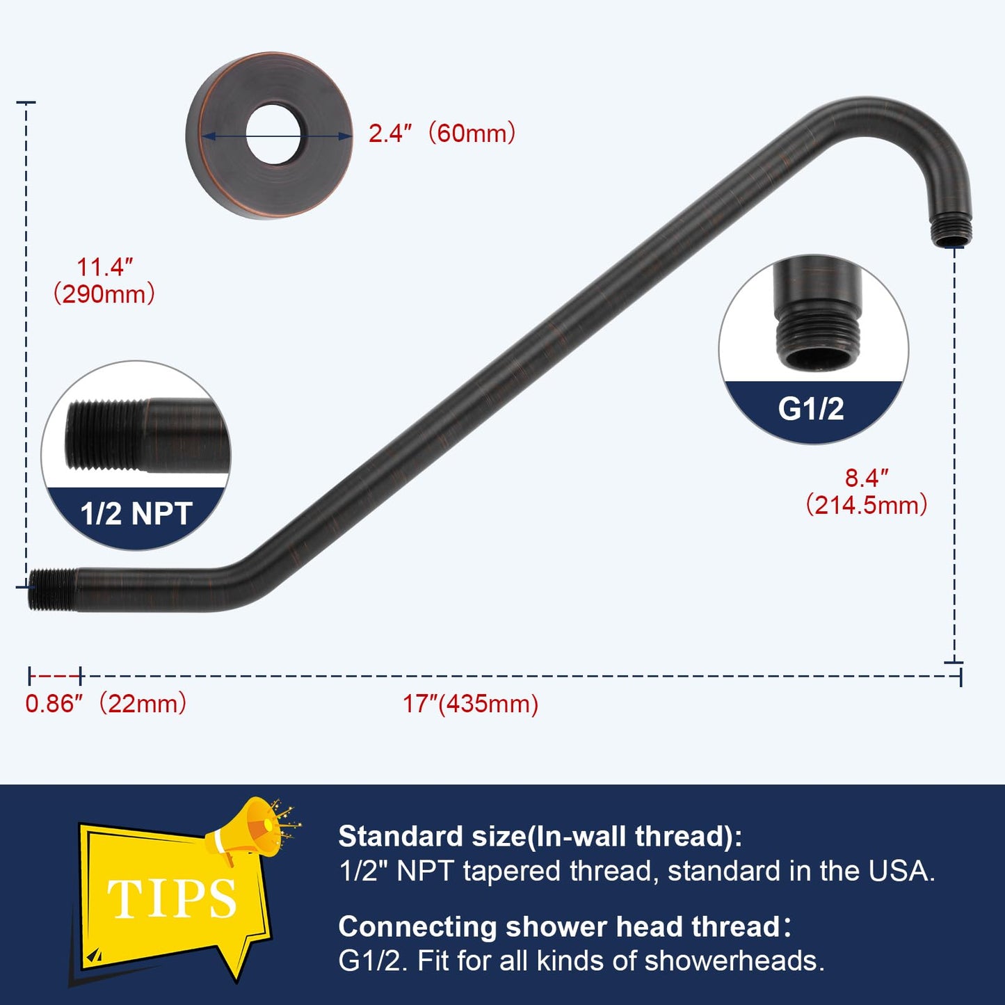 Uvish 17" Shower Head Riser Pipe, Stainless Steel High Rise Long Neck Shower Head Arm Extender for Rain Shower Head, Standard 1/2" Connection, Oil Rubbed Bronze