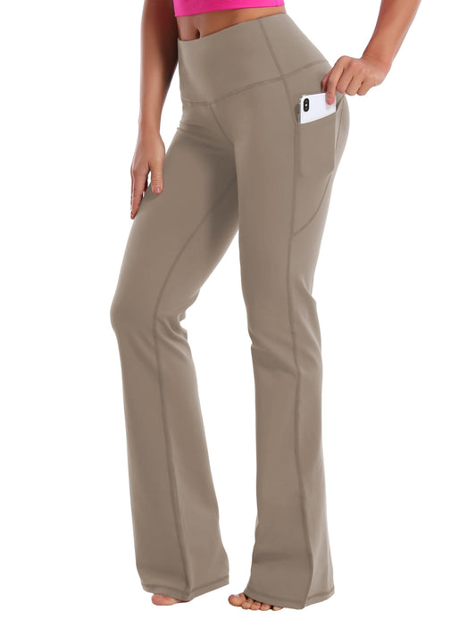 BUBBLELIME 29"/31"/33"/35" 4 Styles Women's Bootcut Yoga Pants Tummy Control - Side Pockets_Dark_Khaki S_35" Inseam
