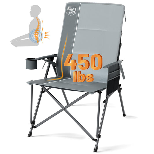 TIMBER RIDGE Oversized Camping Chair with Lumbar Support, Portable Folding Chair Heavy Duty for Adults Supports 450 LBS for Outdoor Camping, Lawn, with High Back, Cup Holder, Side Pocket - Grey