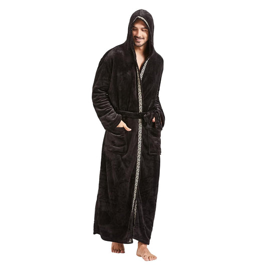 FashGudim Men's Hooded Plush Robe with Black Trim Full Length Plush Long Robe for Men Big and Tall Warm Fleece Bathrobes House Robes (Black & Black Trim, L/XL)