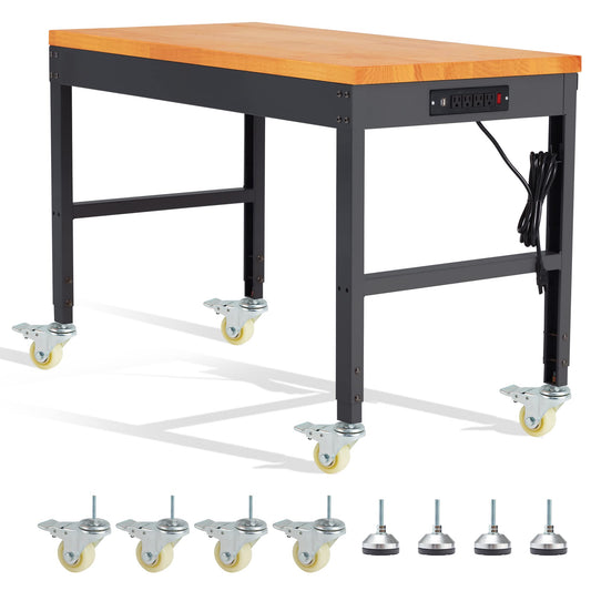 HABUTWAY Height Adjustable Workbench with Wheels 48" x 24" 2000 Lbs Capacity Solid Wood Work Station Heavy-Duty Rolling Work Tables for Garage Party Shop Office