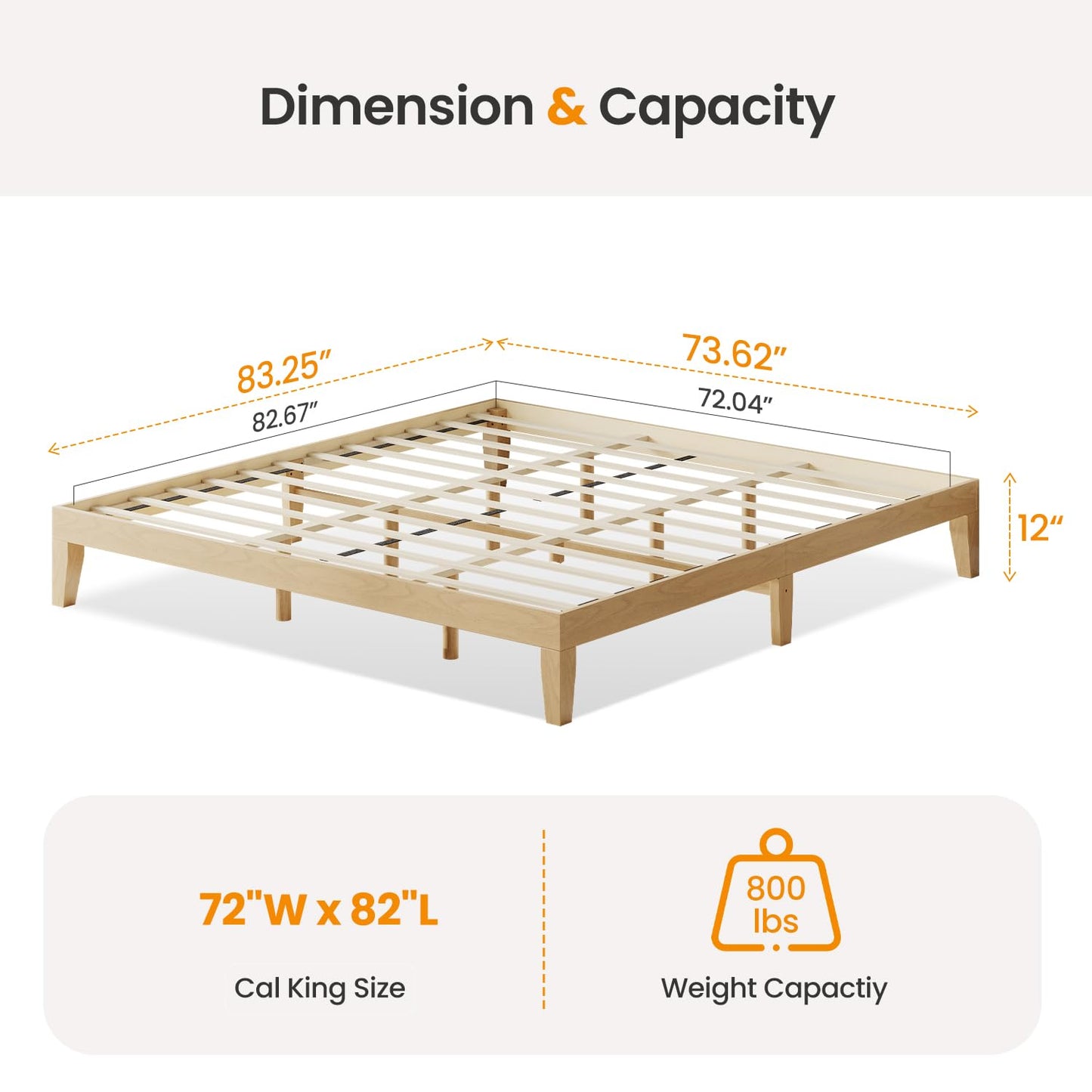 Cal King Size Wood Platform Bed Frame, 12 Inch Solid Wood Bed Frame with Wooden Slats, No Box Spring Needed, Easy Assembly, Rustic Pine