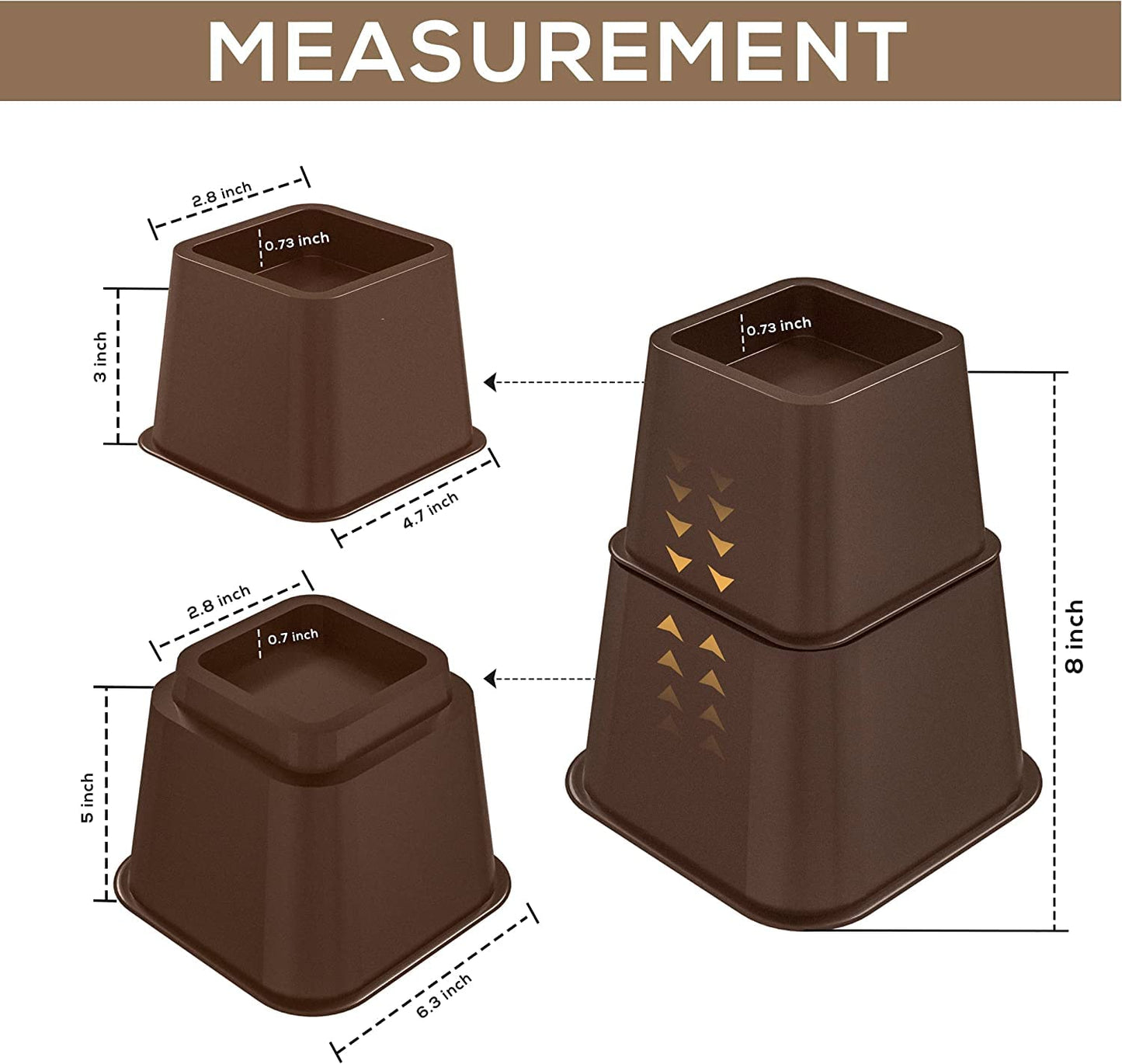 Utopia Bedding Adjustable Bed Furniture Risers - Elevation in Heights 3, 5 or 8 Inch Heavy Duty Risers for Beds and Under Bed Storage - Supports up to 1,300 lbs - (Set of 8 Riser, Brown)