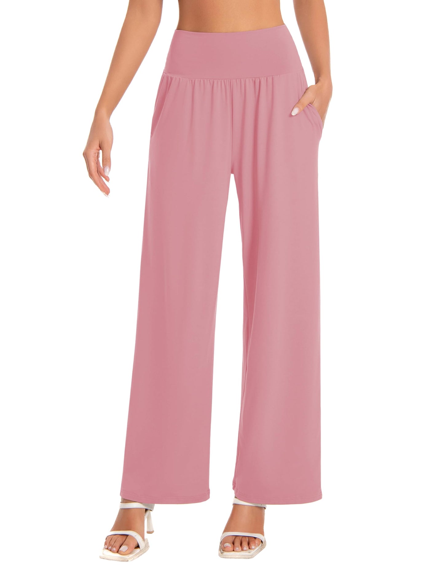 BUBBLELIME 27"/29"/31"/35 Women's High Waist Loose Wide Leg Yoga Pants Cozy Lounge Sweatpants with Pockets - Wide Legs_LEMONADEPINK L_35" Inseam
