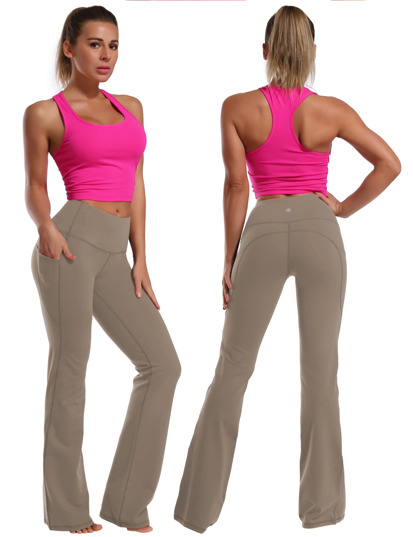 BUBBLELIME 29"/31"/33"/37" 4 Styles Women's Bootcut Yoga Pants Tummy Control - Side Pockets_Dark_Khaki M_37" Inseam