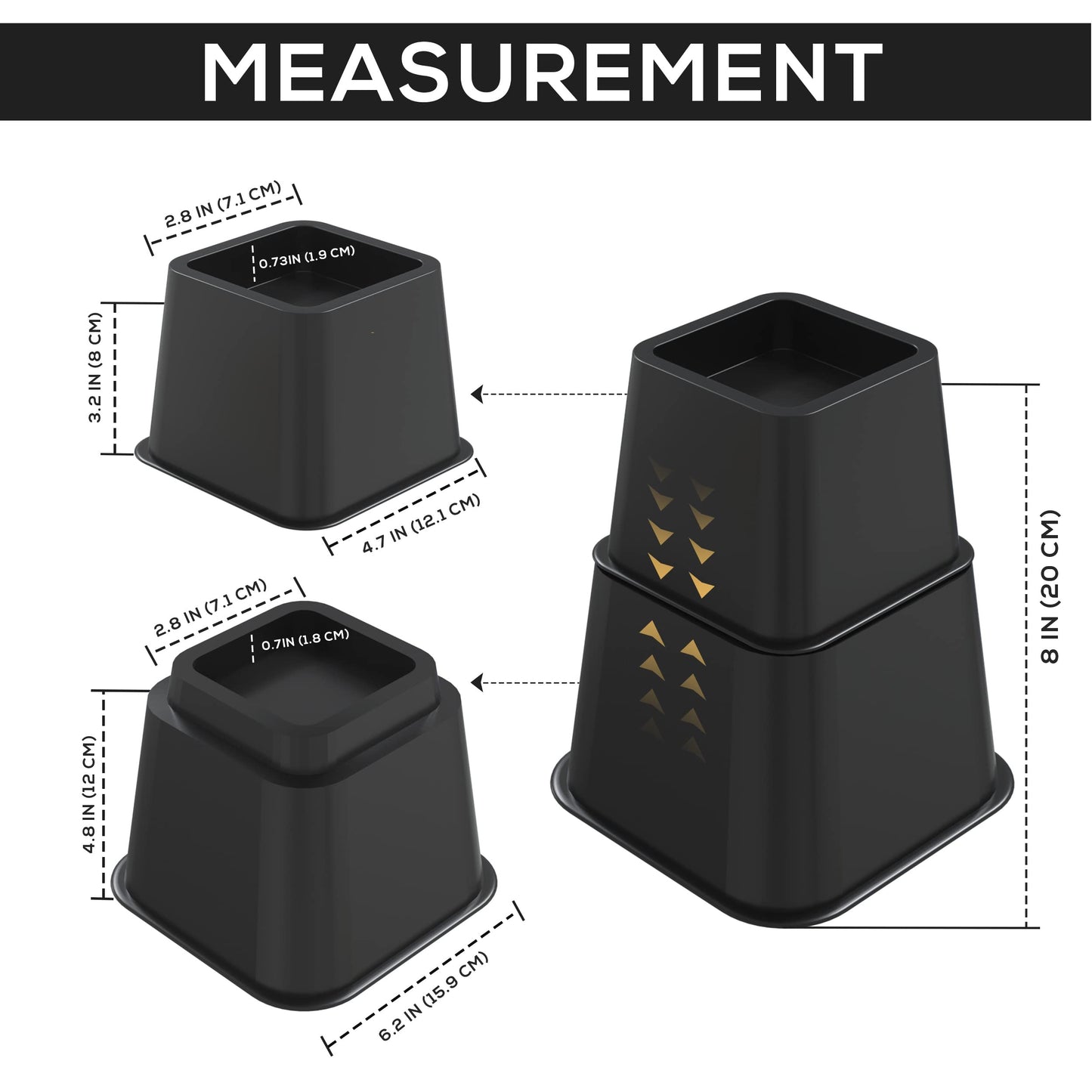 Utopia Bedding - Adjustable Bed Risers 3, 5, 8 Inch – Heavy Duty Furniture Riser Set of 4 for Beds, Couch & Desk – Under Bed Storage & Dorm Room Essential – Supports Up to 1,300 lbs – Black