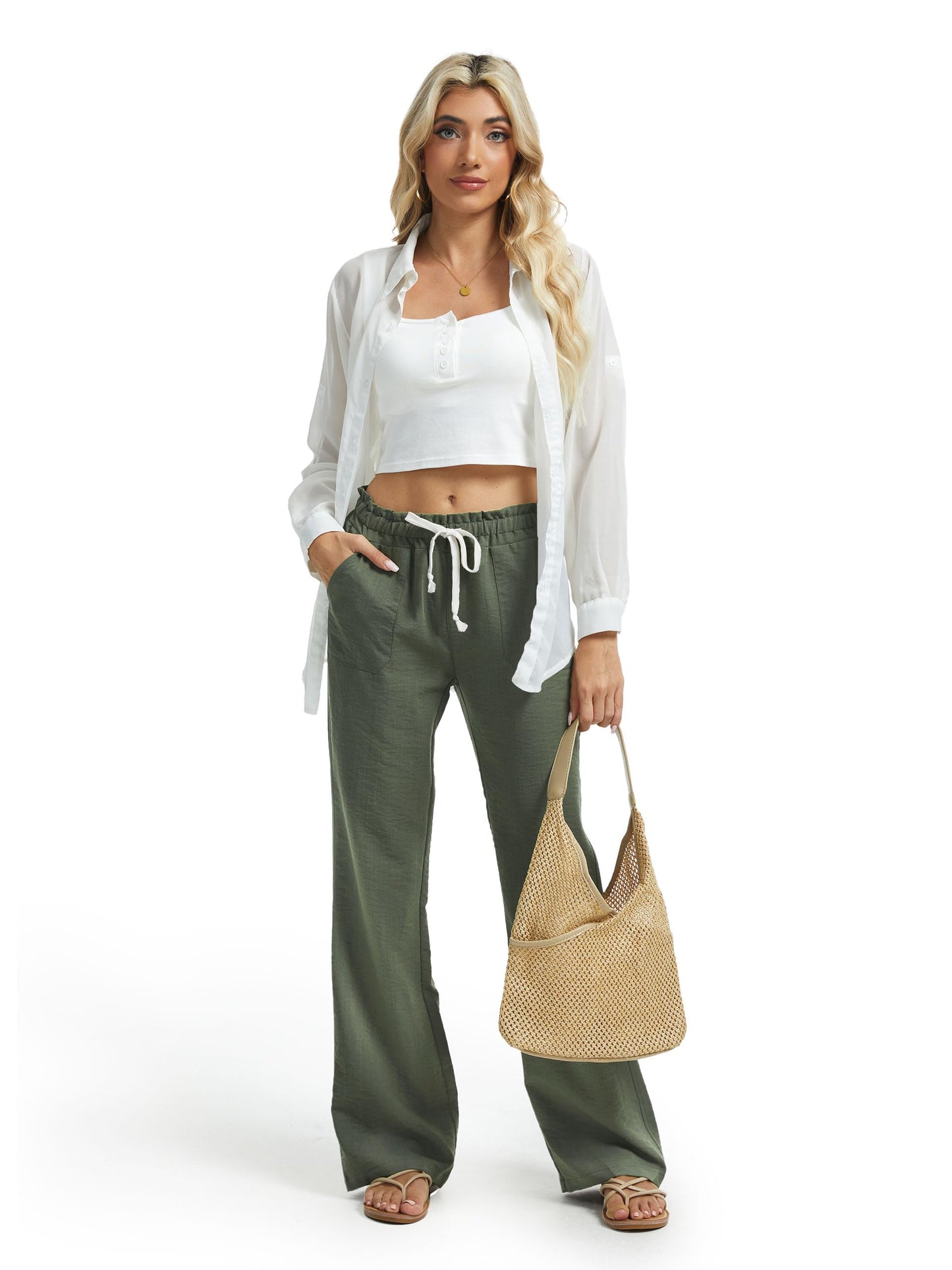 SEVEGO Women's Casual Linen Pants Extra Tall 36" Inseam Flared Leg Smocked Waist Beach Summer Slacks, Green, X-Large