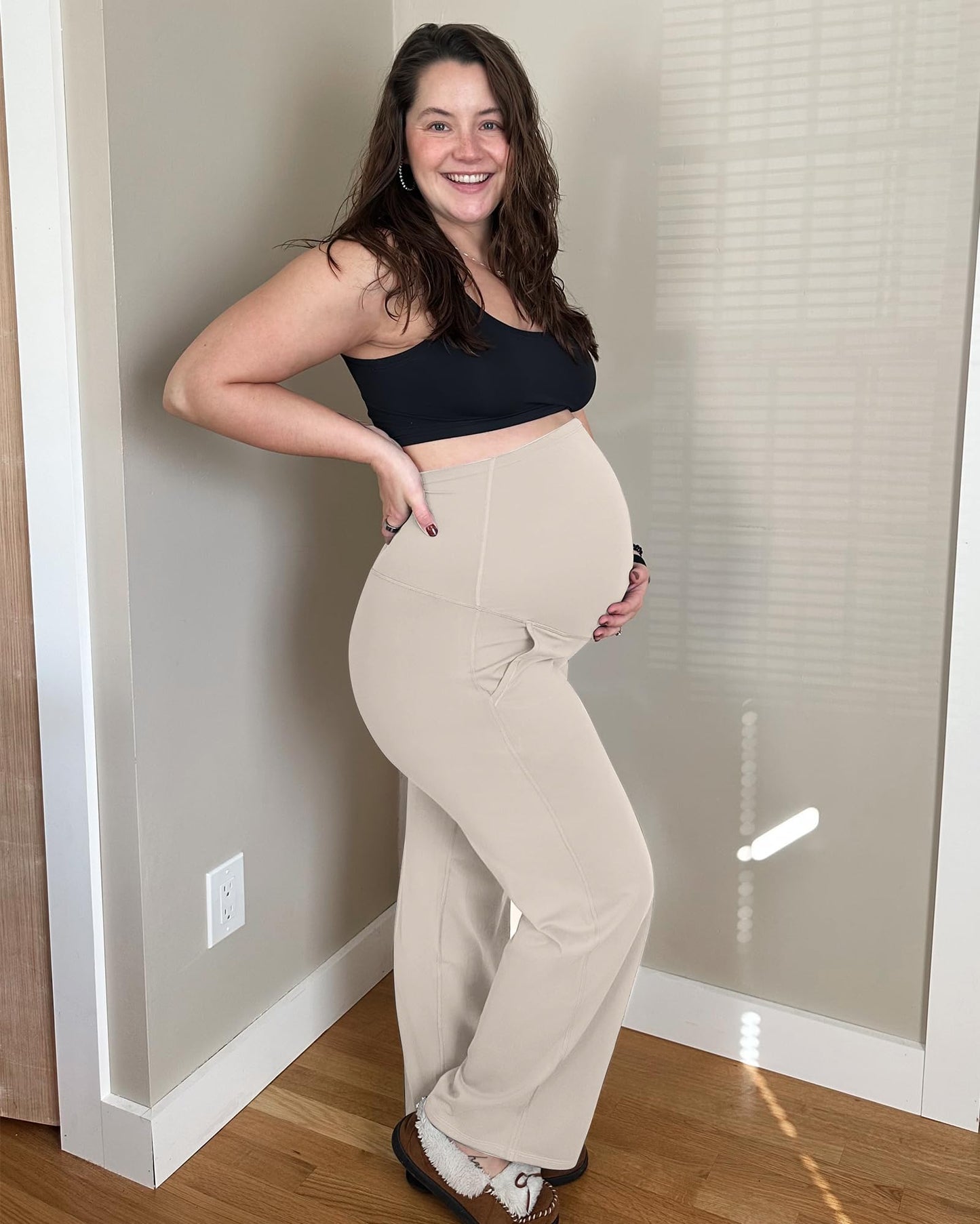 G4Free Maternity Clothes Wide Leg Outfits Pregnancy Dress Work Pants High Waist Yoga Pants with Pockets Winter Trousers(Light Khaki,L,32")