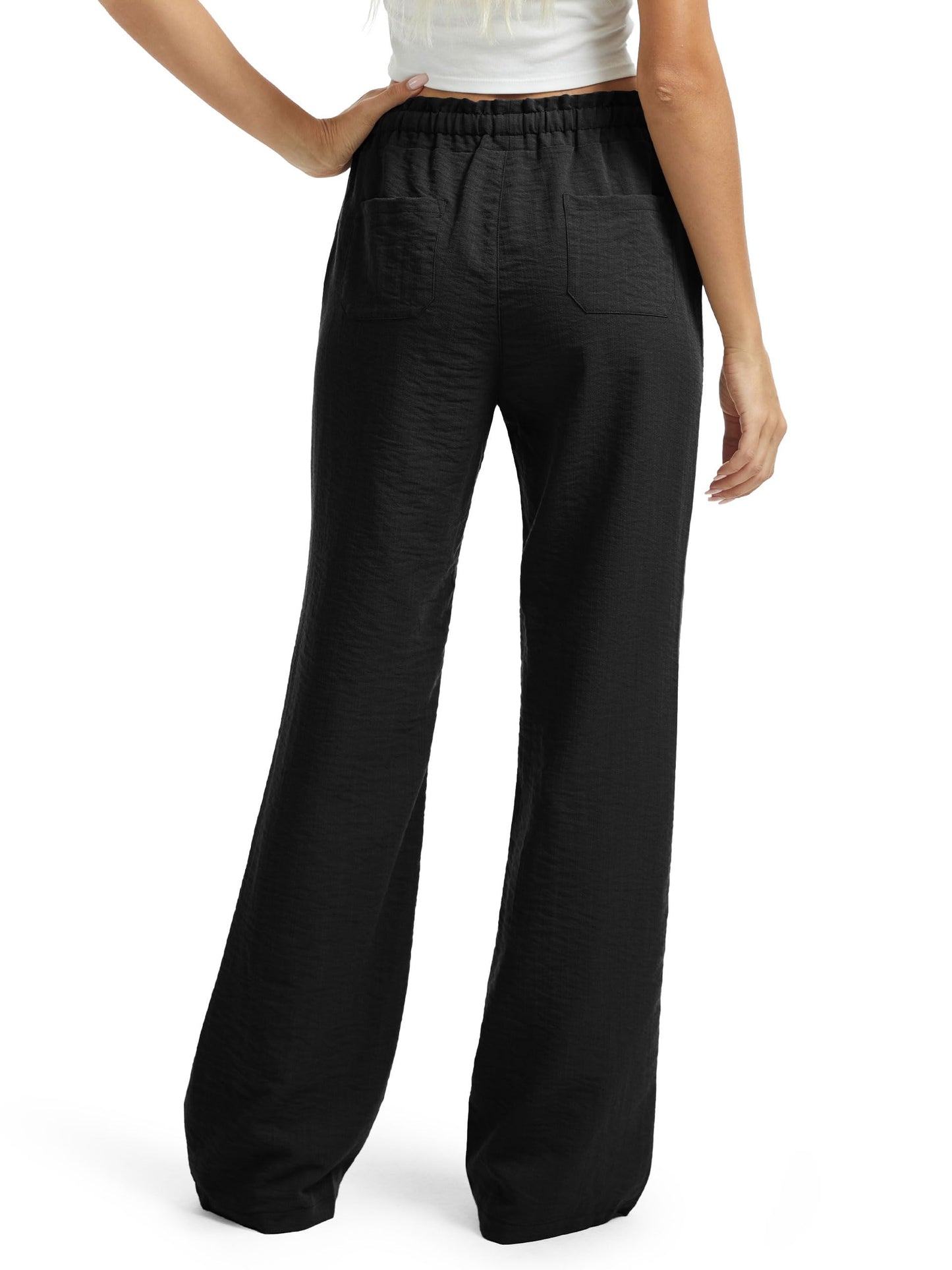 SEVEGO Women's Casual Linen Pants Extra Tall 36" Inseam Flared Leg Smocked Waist Beach Summer Slacks, Black, Small