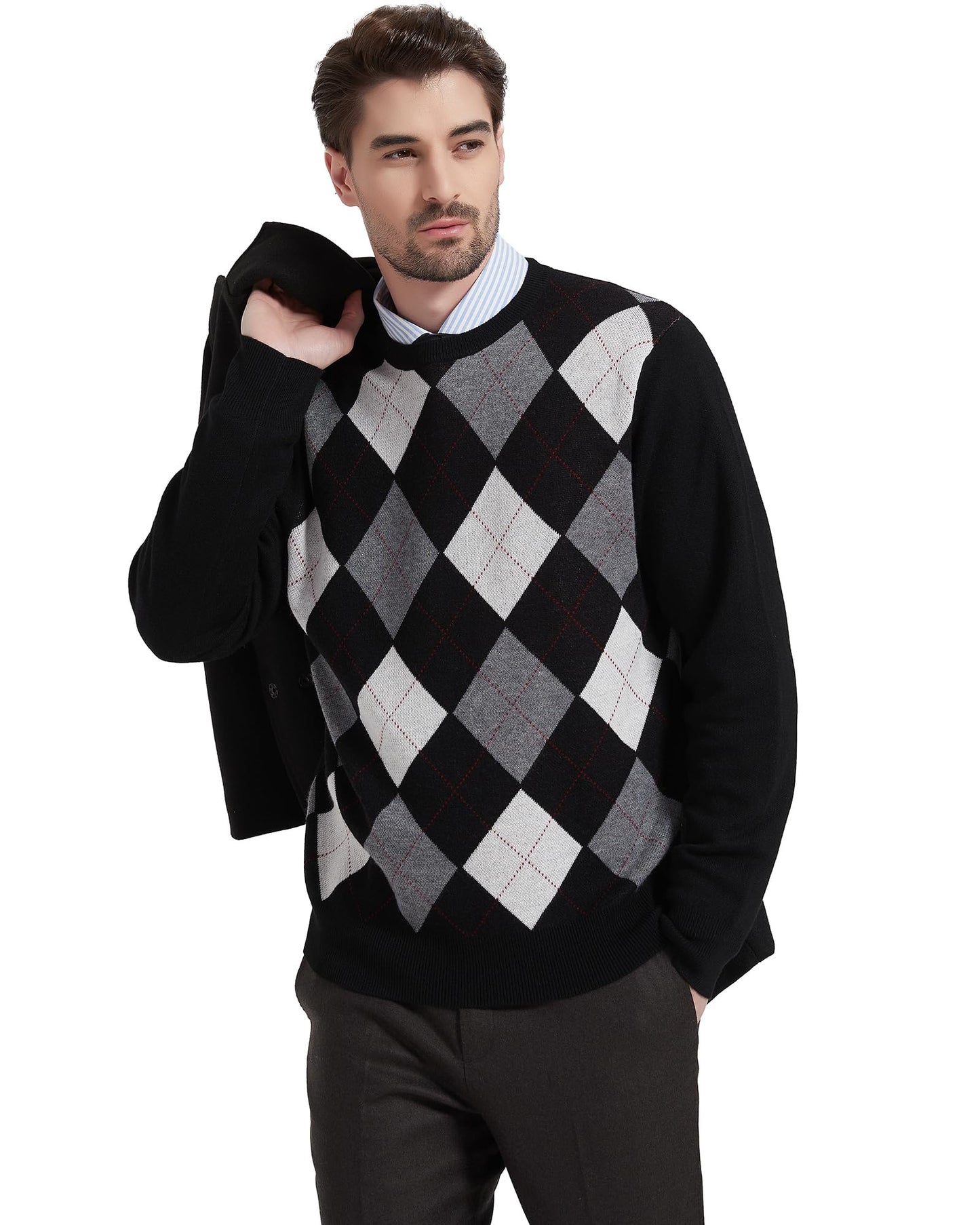 Kallspin Men's Wool Blend Crewneck Sweater Argyle Long Sleeve Pullover Sweater for Casual Or Dressy Wear(Black,L-Tall)