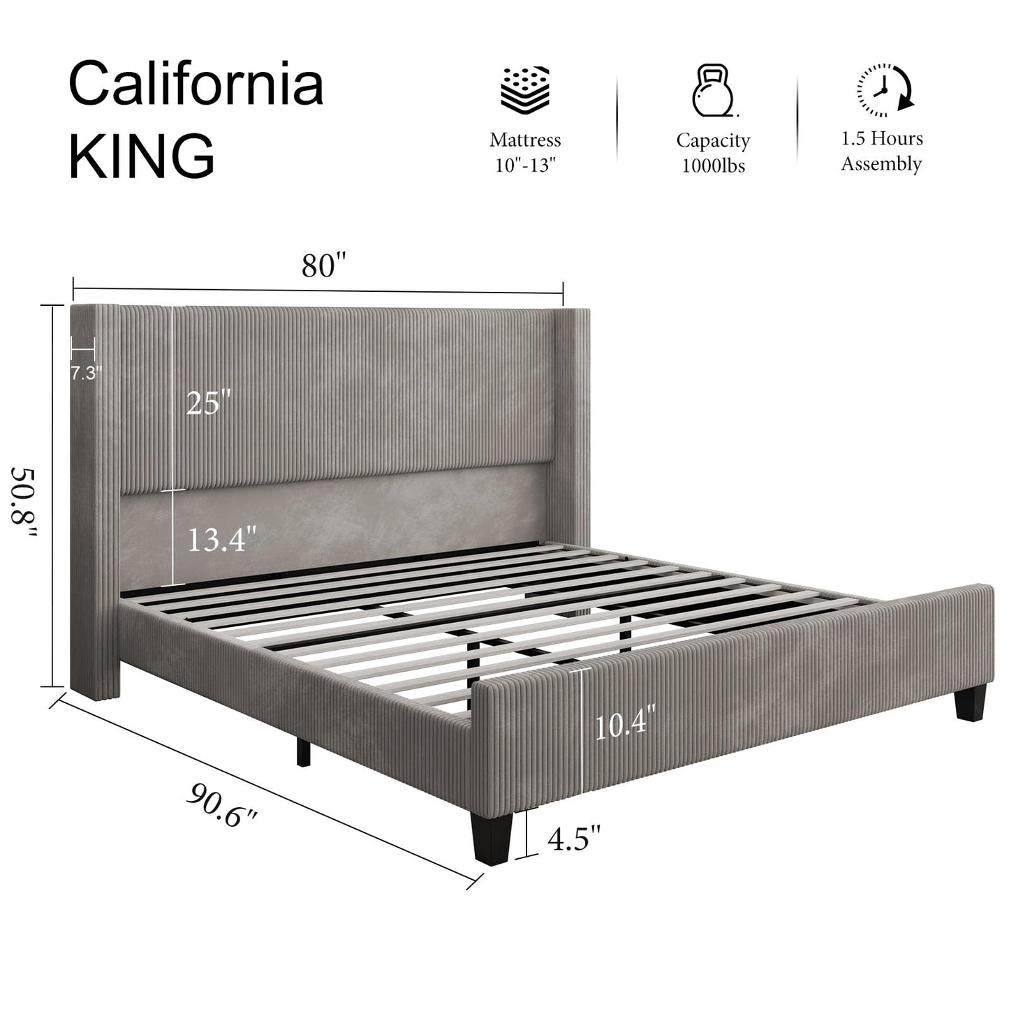 HOWE California King Size Upholstered Platform Bed Frame, Wingback Bed with 50.8" Headboard, Corduroy/Solid Wood Leg/No Box Spring Needed/Noise Free/Taupe