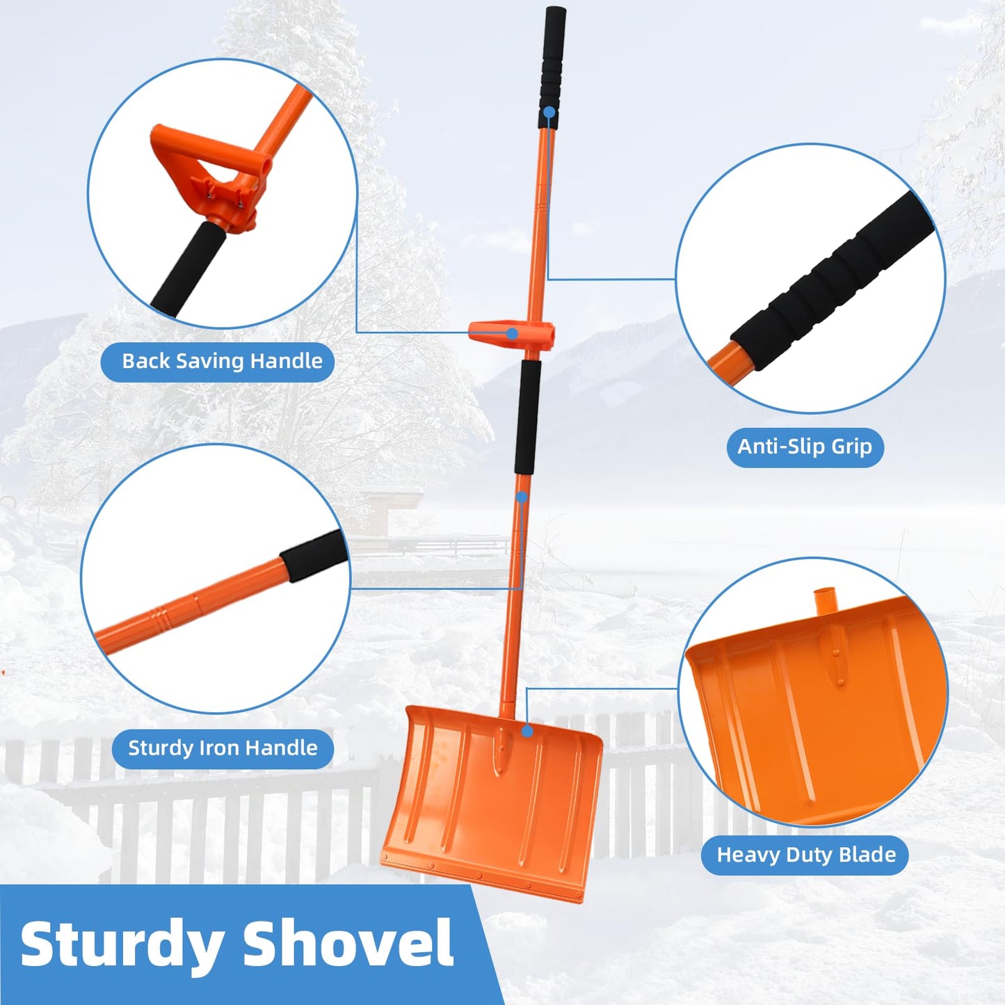 Snow Shovel for Driveway 67 Inch Shovel with Labor-Saving Tool Handle, Snow Removal with Large Scoop Snow Shovel for Car Outdoor Emergency, Orange