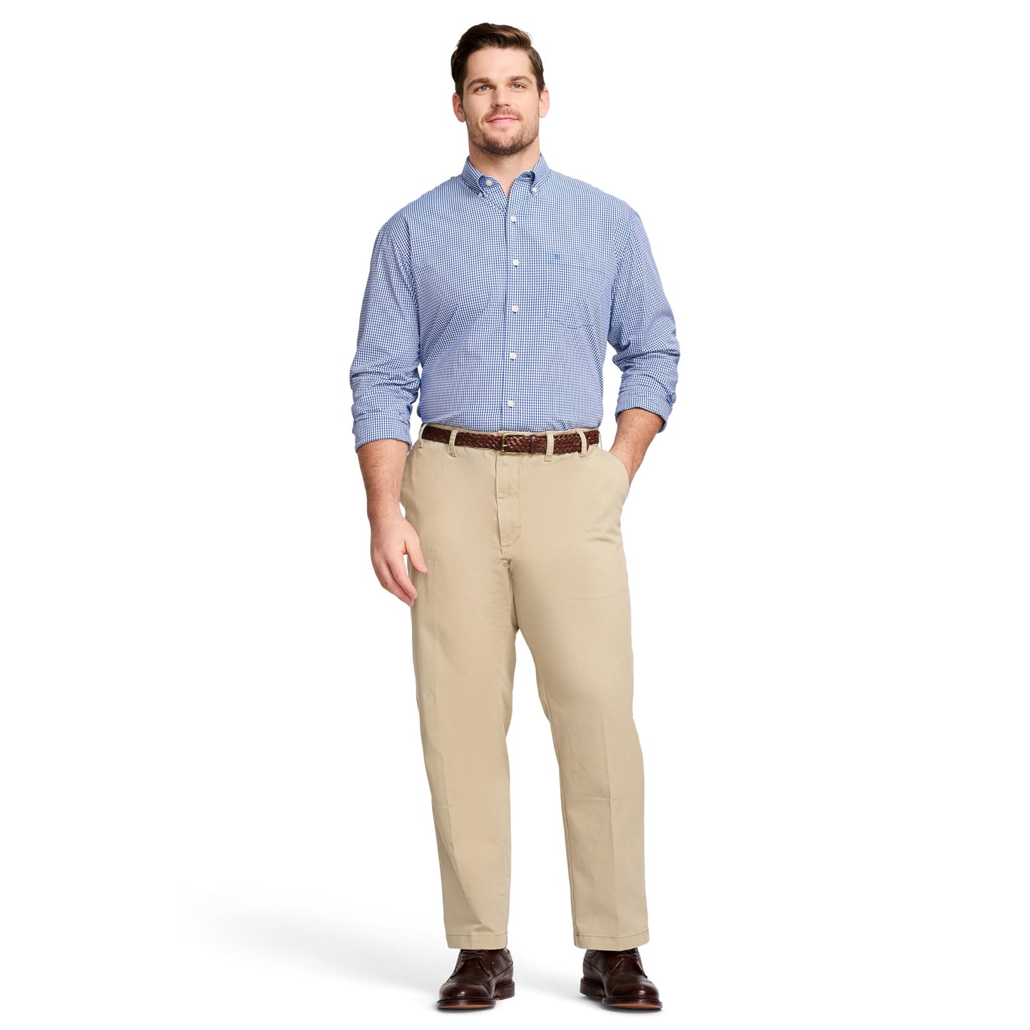 IZOD Men's Big and Tall Performance Stretch Flat Front Pant, Cedarwood Khaki, 36W x 34L