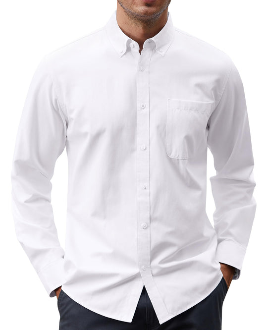 J.VER Men's Pinpoint Oxford Dress Shirts Long Sleeve Button Down Collar Shirt with Pocket A-White XL-Tall