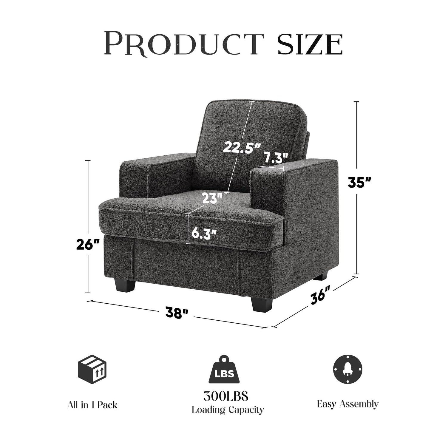 Couches for Living Room, 38” Cloud Couch in Soft Teddy Fleece, Removable Cover, Easy Assembly, Modern Sofa for Living Room/Bedroom/Office/Apartment, Dark-Gray