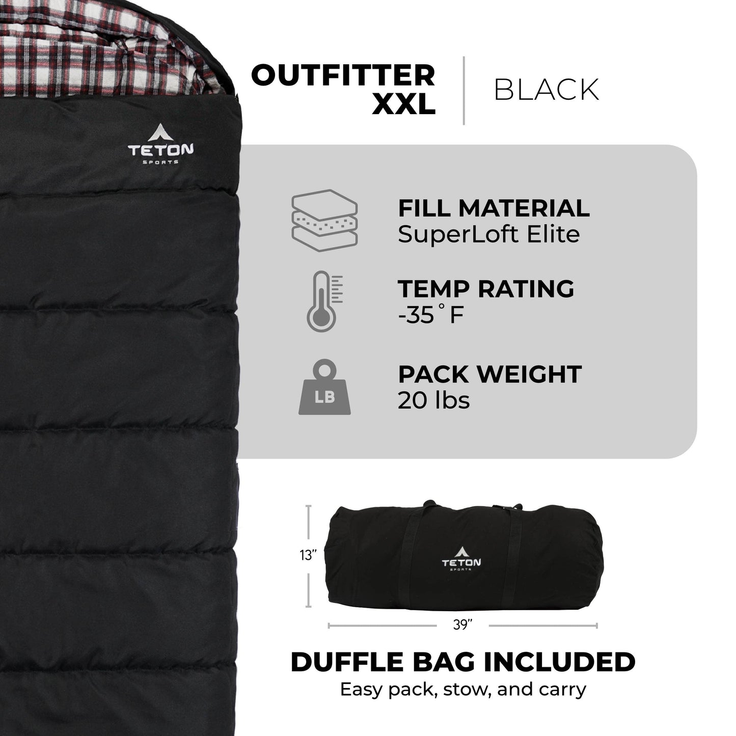 XXL Long Sleeping Bag (7'6"), Teton Fahrenheit: -35ºF rated