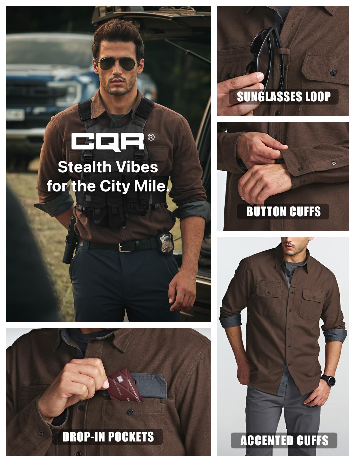 CQR Men's Flannel Button Down Shirts, Soft Cotton Plaid Long Sleeve Tactical Work Shirt, Warm Outdoor Essential with Pocket, Stealth Dark Brown, Large Tall