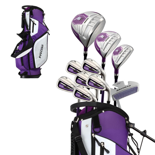 Precise M5 Women’s Golf Clubs Set – Complete Right-Handed Set with Titanium Driver, S.S. Fairway & Hybrid, 5-PW Irons, Putter, Stand Bag & Headcovers – Graphite Shafts – Purple – Petite/Standard/Tall