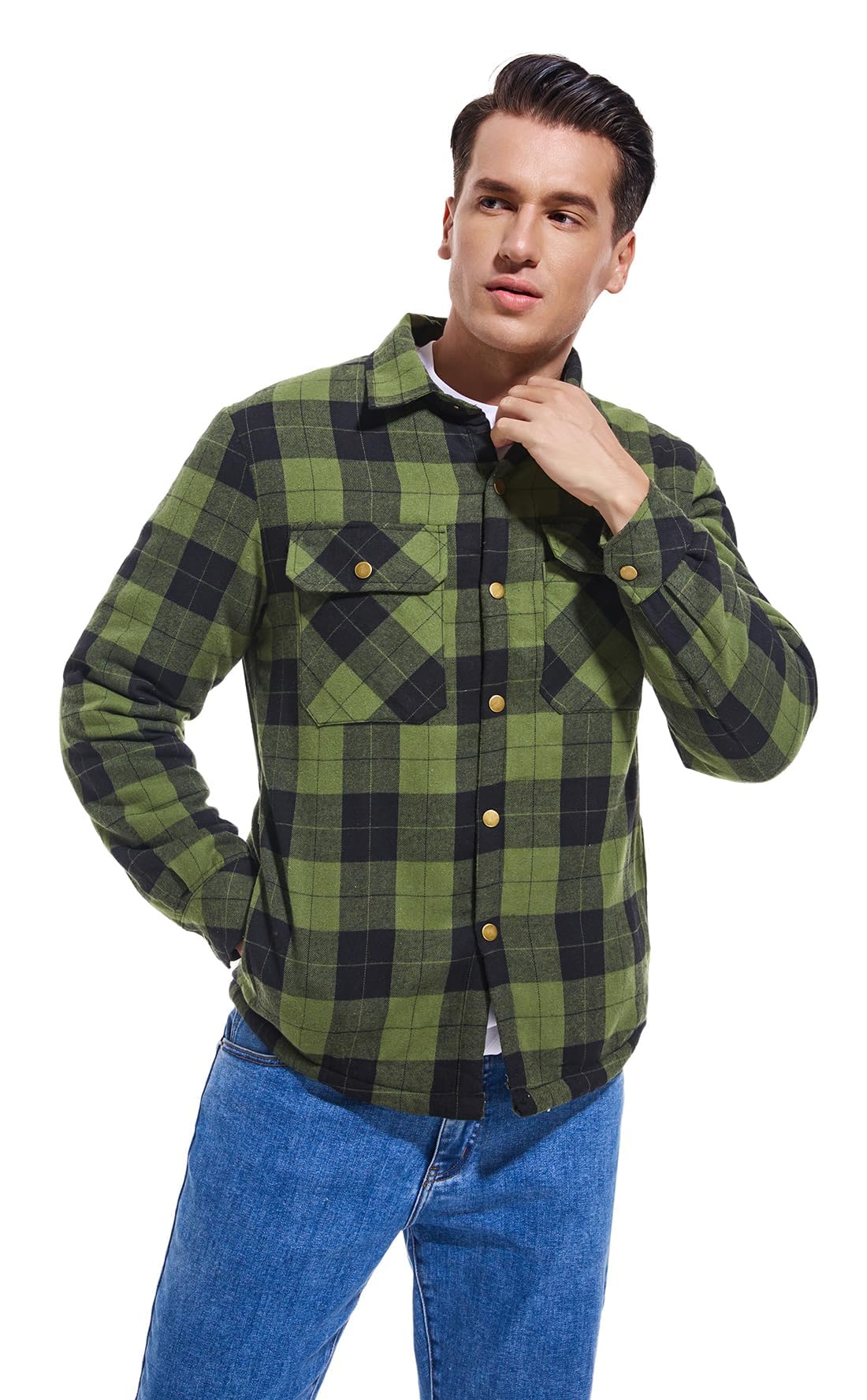 Puwasa Men's Cotton Flannel Shirt Jacket, Long Sleeve Fleece Casual Button Down Plaid Jacket, Brushed Soft Outdoor Coat with Pocket Army Green X-Large Tall