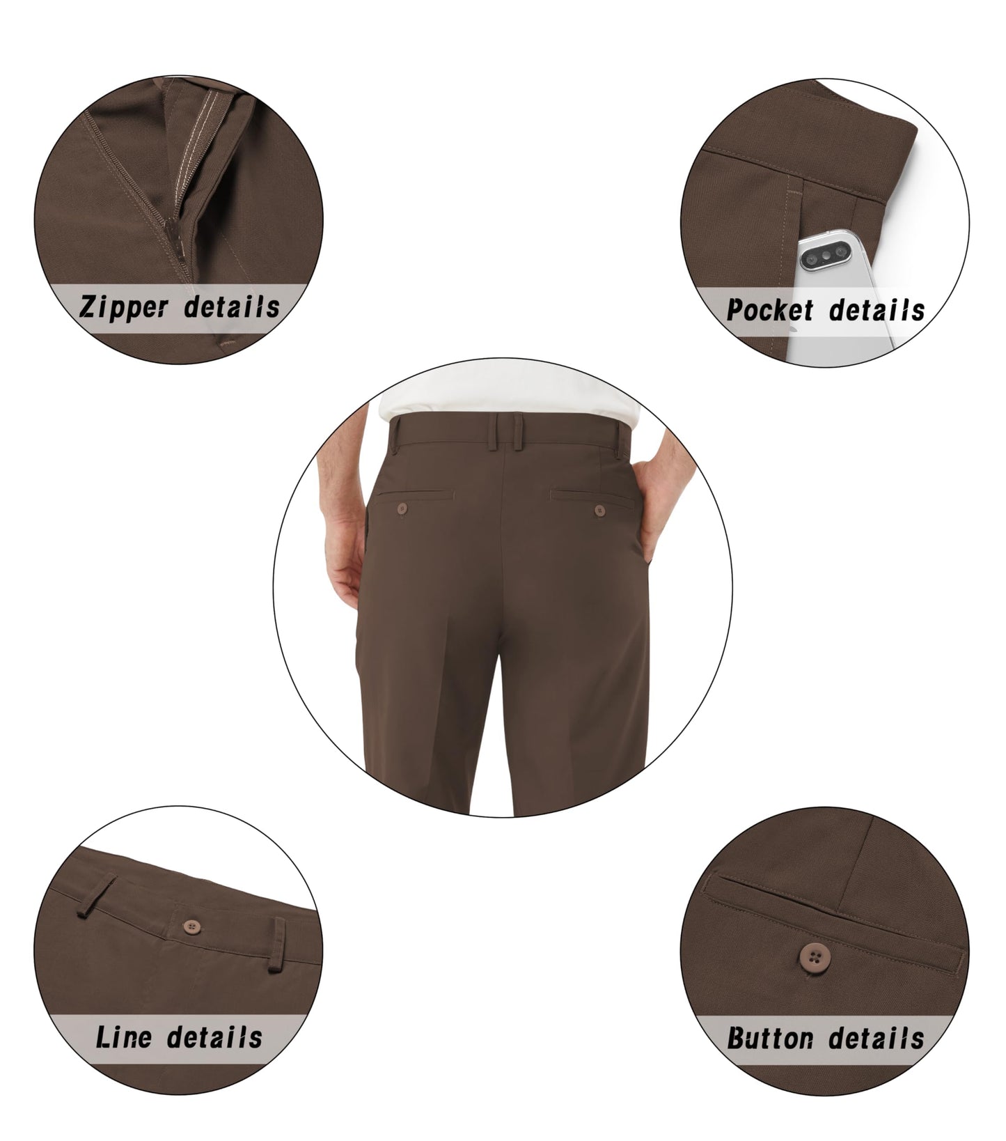Men's Tall Classic Fit Flex Flat Front Dress Pants Formal Pants for Business & Office Brown