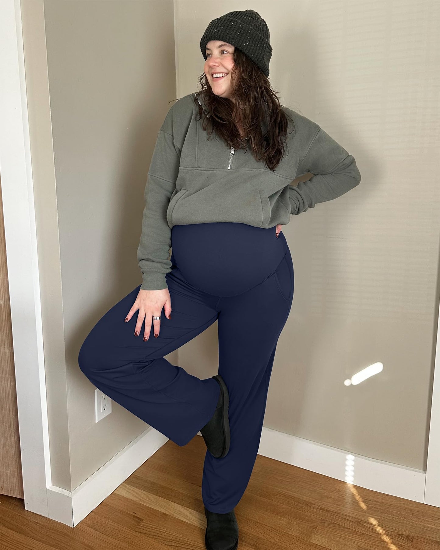 G4Free Maternity Lounge Pants with Pockets Yoga Wide Leg Pregnancy Slacks for Women Soft Stretchy for Work and Daily Wear(Royal Blue,M,34")