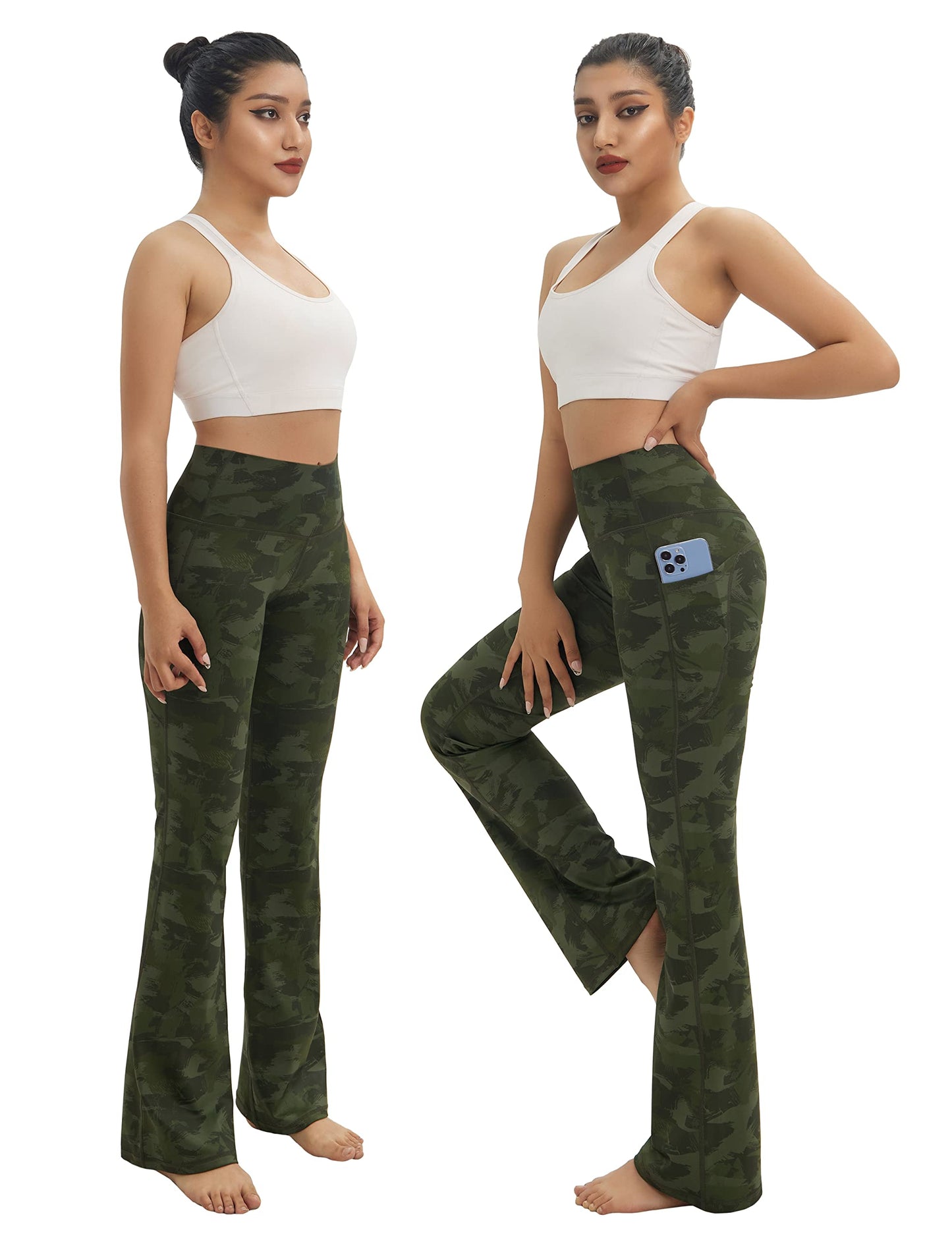 BUBBLELIME 29"/31"/33"/35" 4 Styles Women's Tummy Control Bootcut Yoga Pants - Side Pockets_Green BRUSHCAMO XL-37 Inseam