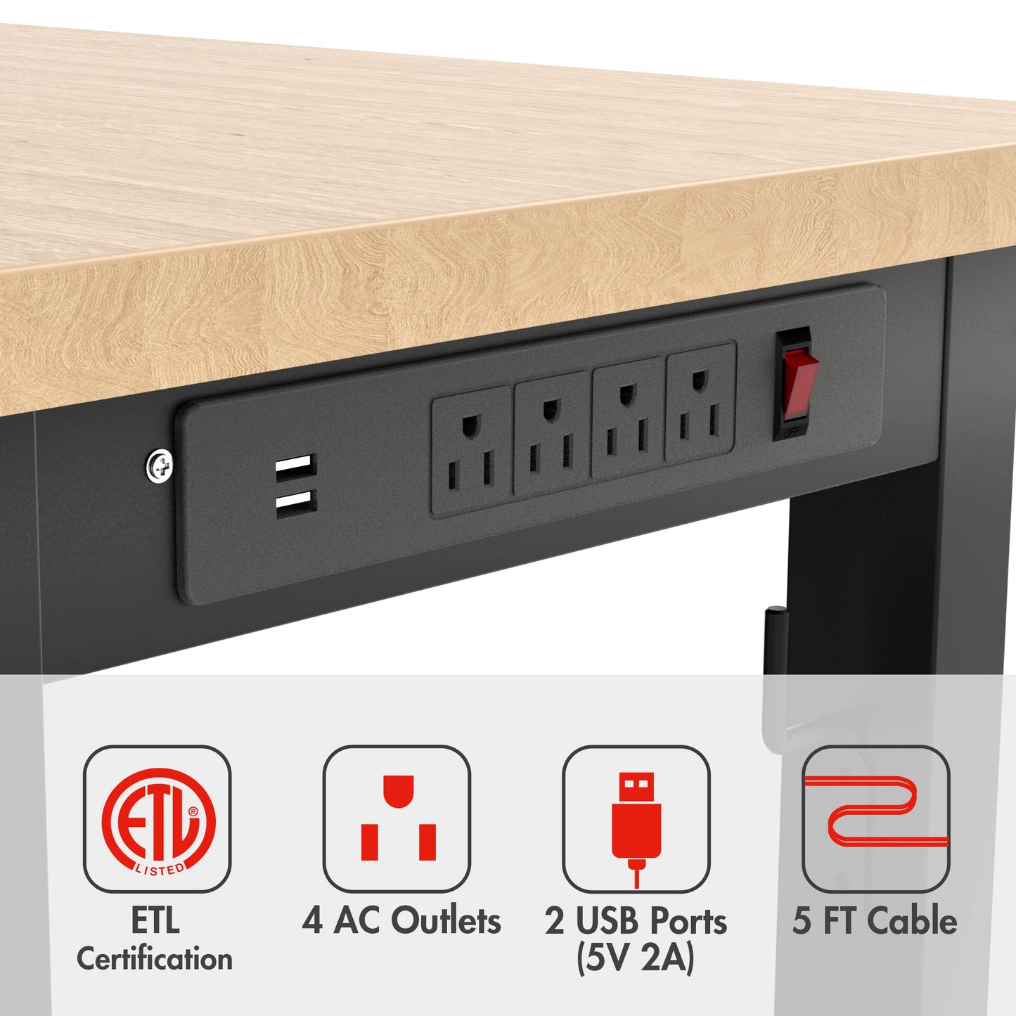 WORKPRO 48" Adjustable Workbench, Rubber Wood Top Heavy-Duty Workstation, 2000 LBS Load Capacity Hardwood Worktable with Power Outlets, for Workshop, Garage