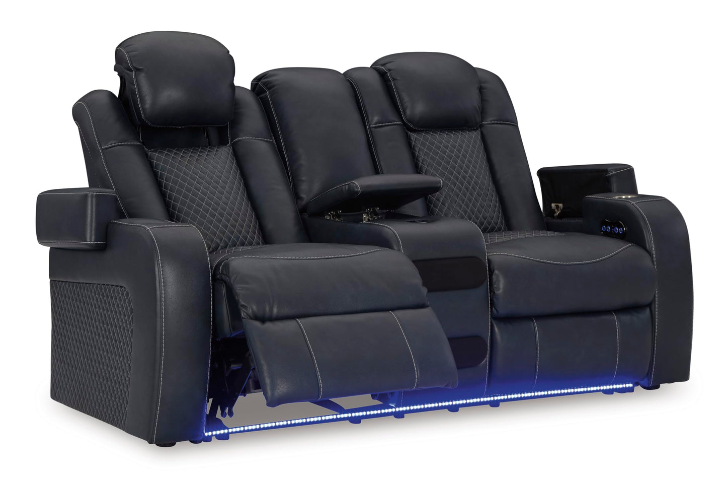 Signature Design by Ashley Fyne-Dyme Contemporary Power Reclining Loveseat with Console, USB Charging Ports and Adjustable Headrest, Blue