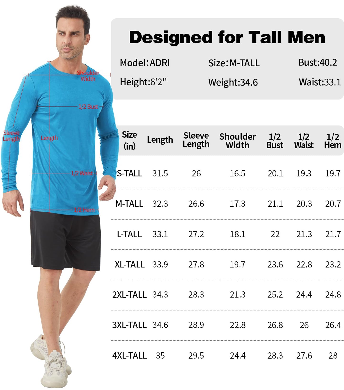 Men's Tall Rash Guard Long Sleeve T Shirts - UPF 50+ Sun Protection Tee Shirt for Fishing, Swim, Hiking