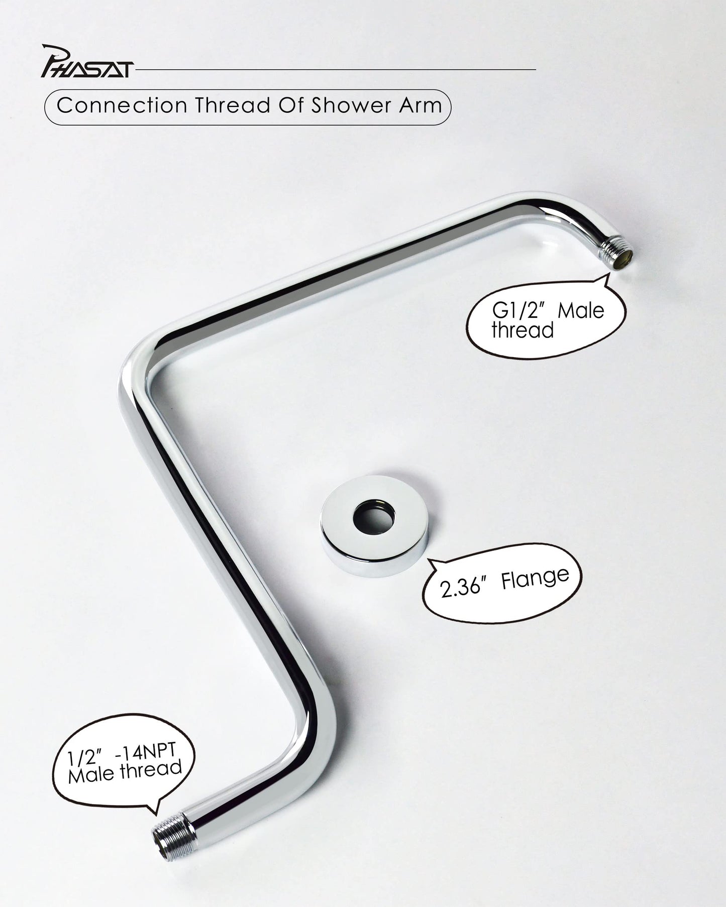 PHASAT S Shaped Shower Arm with Flange,High Rise Shower Head Extension Arm Chrome,PU9D02