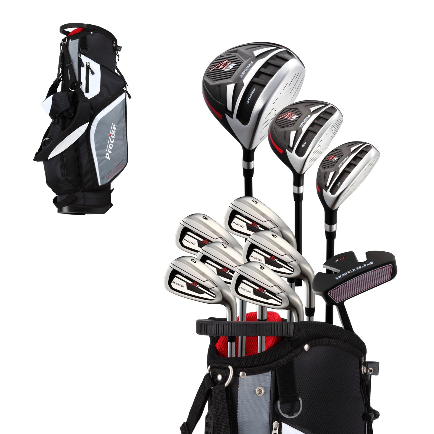 Precise M5 Golf Clubs Set for Men | Lighweight Graphite & True Temper Stainless Steel Shafts w/Precise Alignment Putter & Stand Bag | Left/Right Hand Options & Regular/Tall Complete Golf Club Sets